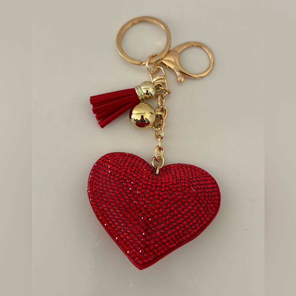 Red Rhinestone Heart Keychain Charm Bag Charm Tassel Gold Hardware New - Picture 2 of 5
